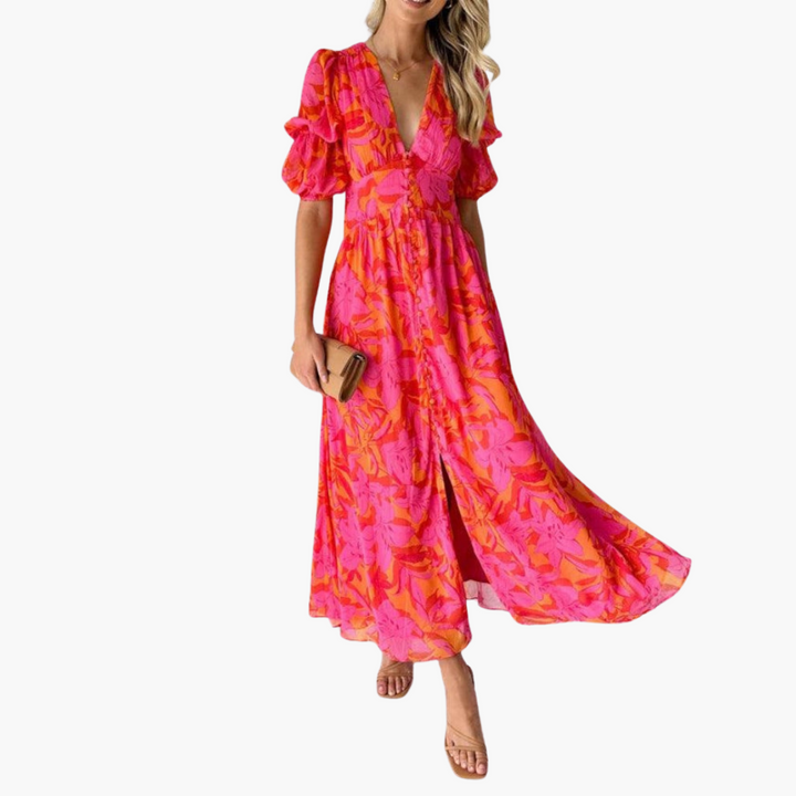 Bette - Elegant Maxi Dress for Women V-Neck & Puff Sleeves