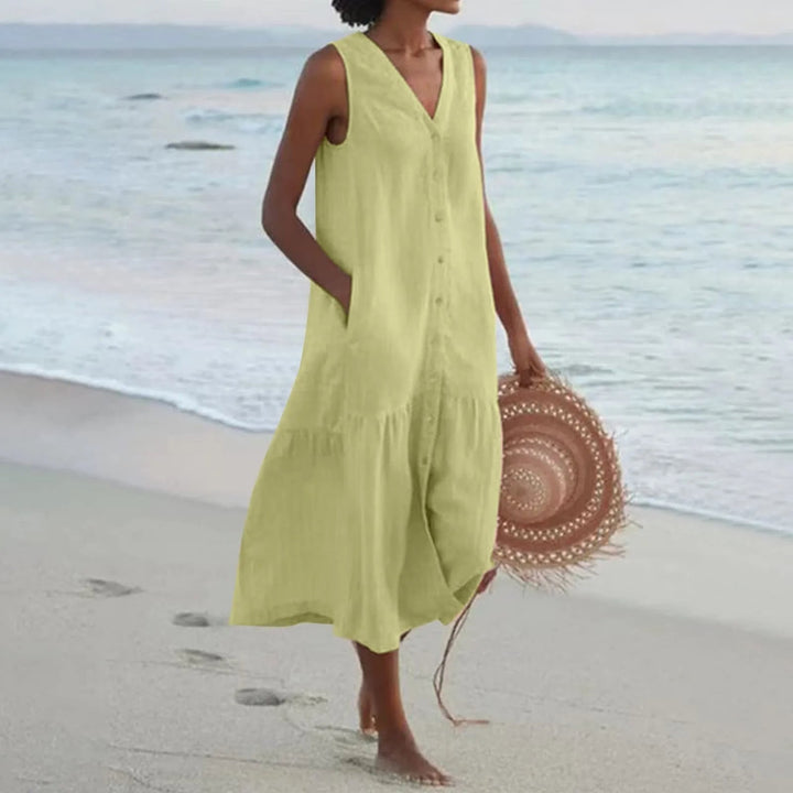 Charley - Warm Summer V Neck White Midi Dress