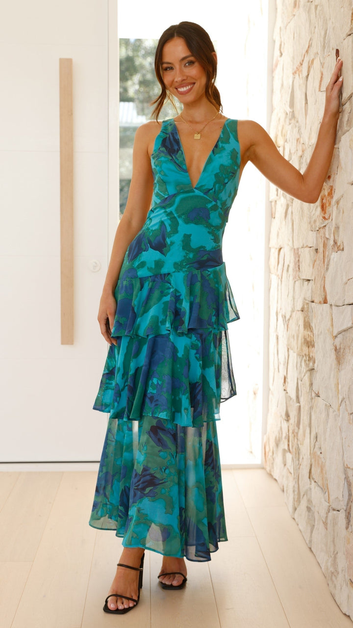 Jazmin - Stylish Warm Tiered Long Sleeve Maxi Floral Dress