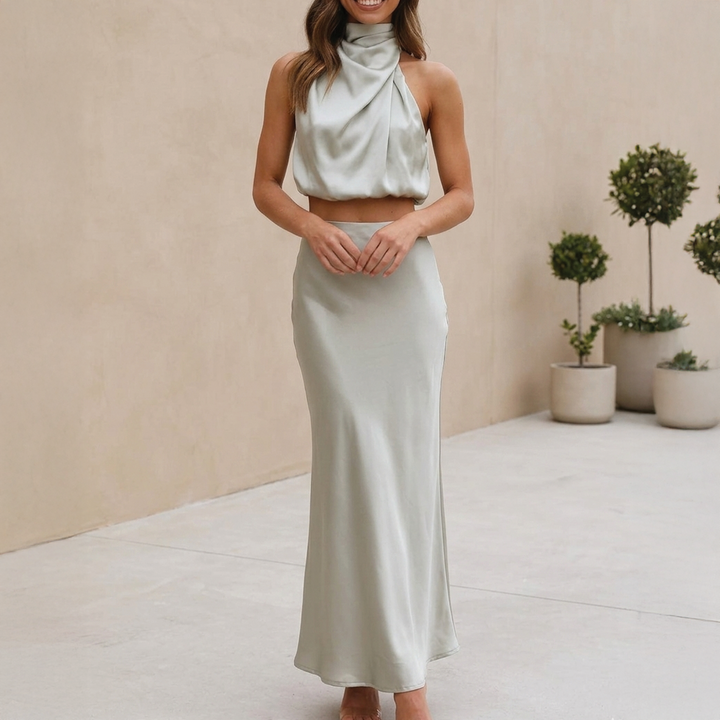 Jada - Warm Elegant Satin Maxi Skirt Two Piece Sets