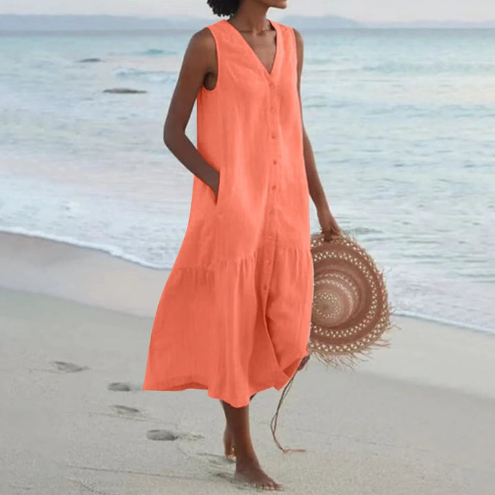 Charley - Warm Summer V Neck White Midi Dress
