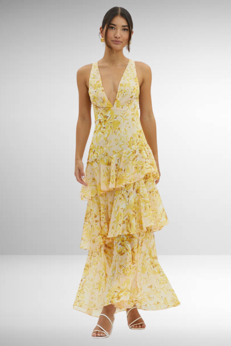 Jazmin - Stylish Warm Tiered Long Sleeve Maxi Floral Dress