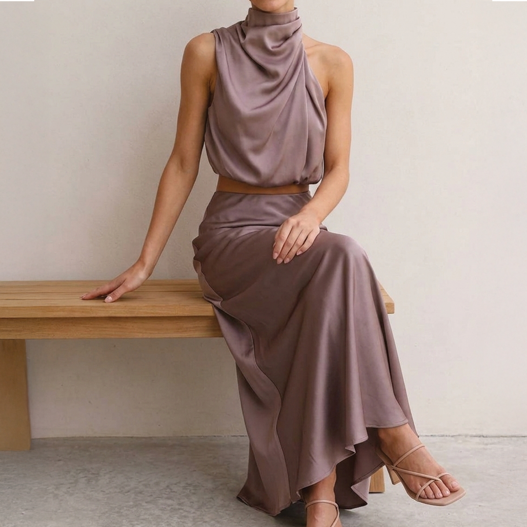 Jada - Warm Elegant Satin Maxi Skirt Two Piece Sets