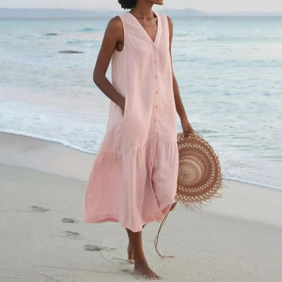 Charley - Warm Summer V Neck White Midi Dress