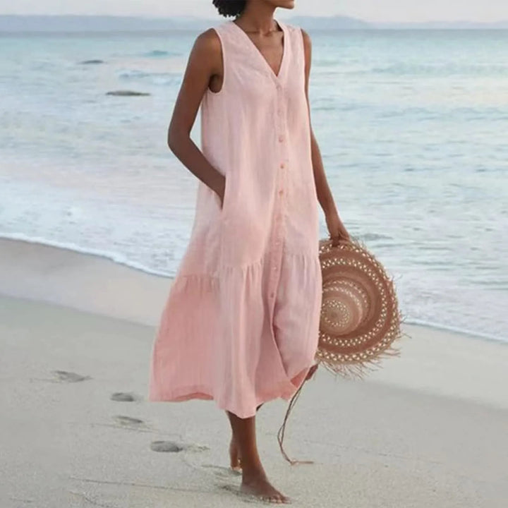 Charley - Warm Summer V Neck White Midi Dress