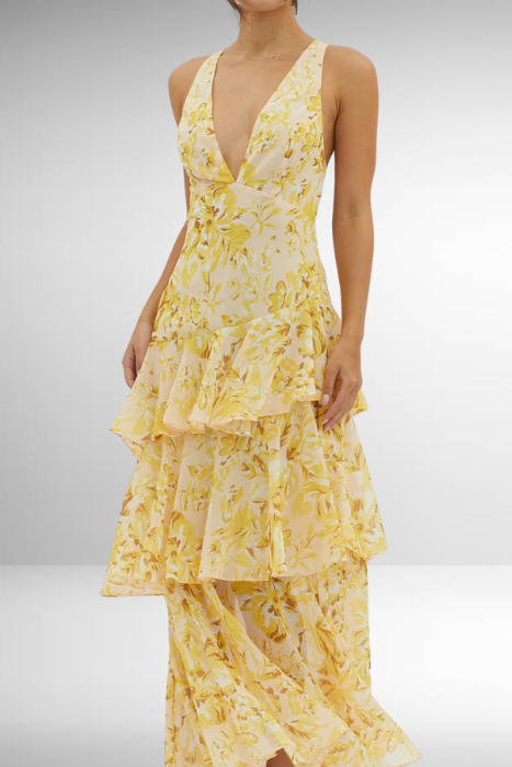 Jazmin - Stylish Warm Tiered Long Sleeve Maxi Floral Dress
