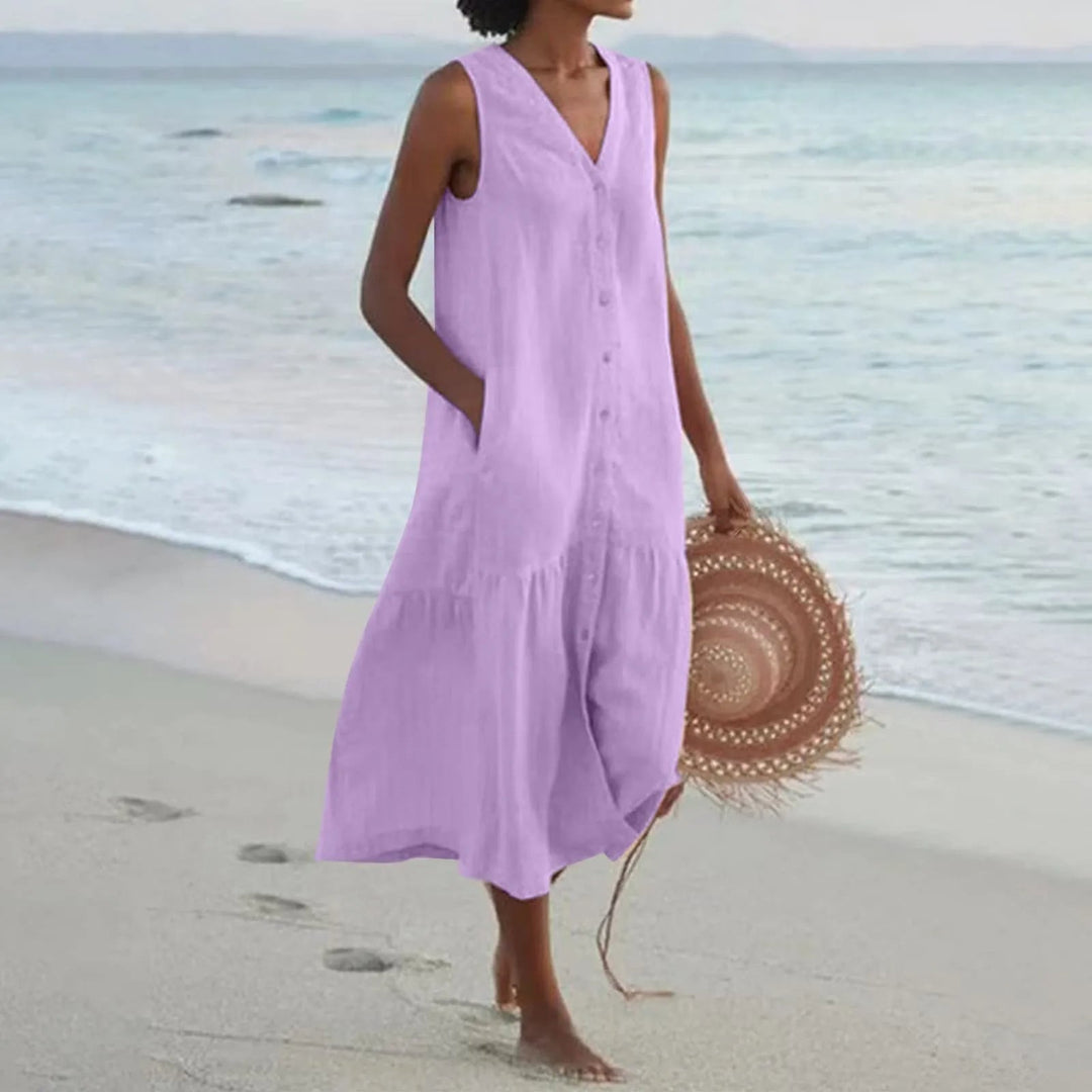Charley - Warm Summer V Neck White Midi Dress