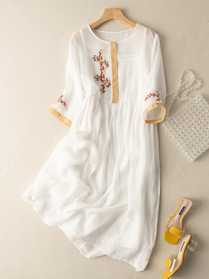 Cadence - Warm Embroidered Ethnic White Midi Dress