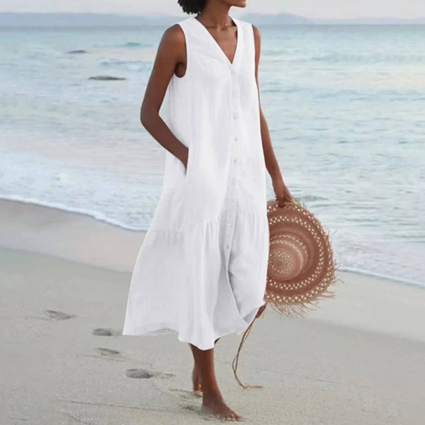 Charley - Warm Summer V Neck White Midi Dress