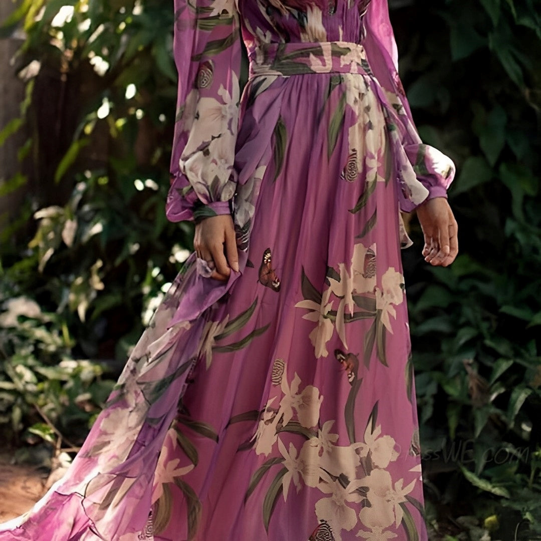Kaitlynn - Elegant Warm V Neck Maxi Floral Dress