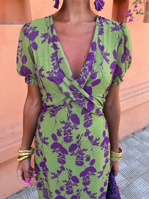 Sage - Wrap V Neck Maxi Floral Dress