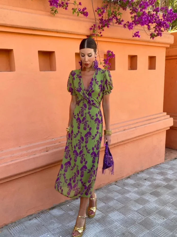 Sage - Wrap V Neck Maxi Floral Dress