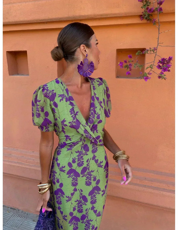 Sage - Wrap V Neck Maxi Floral Dress