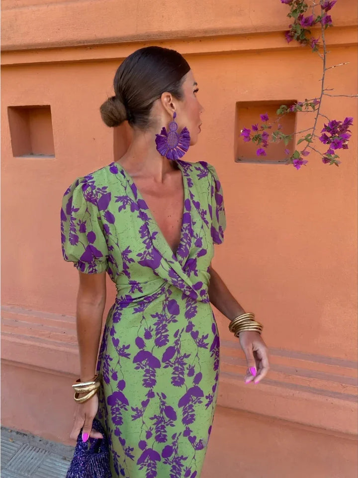Sage - Wrap V Neck Maxi Floral Dress