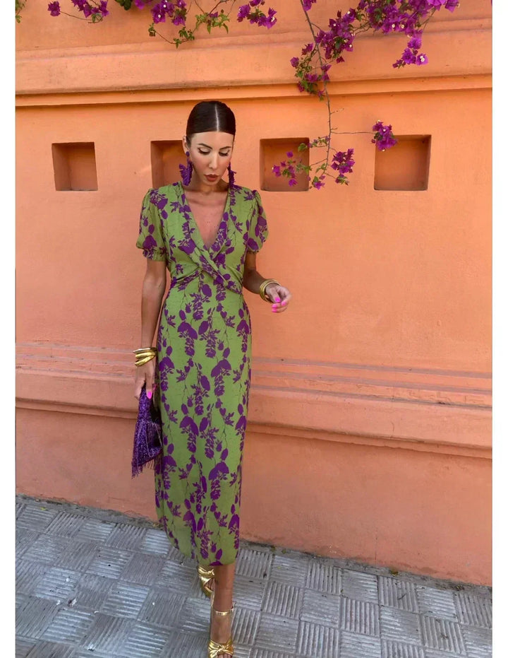 Sage - Wrap V Neck Maxi Floral Dress