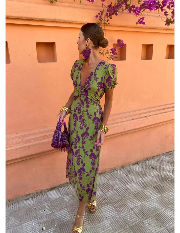 Sage - Wrap V Neck Maxi Floral Dress