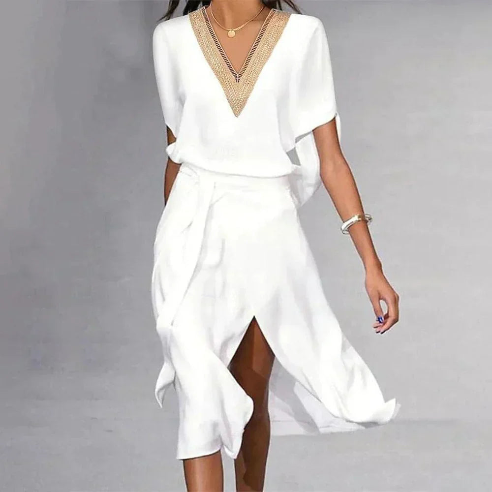 Cindy - Stylish Warm V Neck White Midi Dress