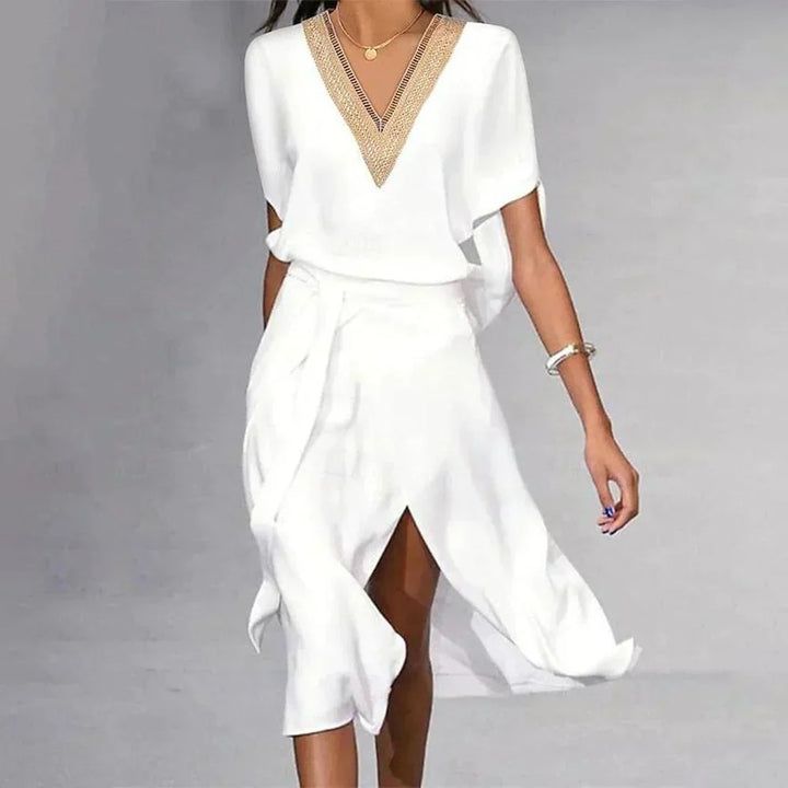 Cindy - Stylish Warm V Neck White Midi Dress