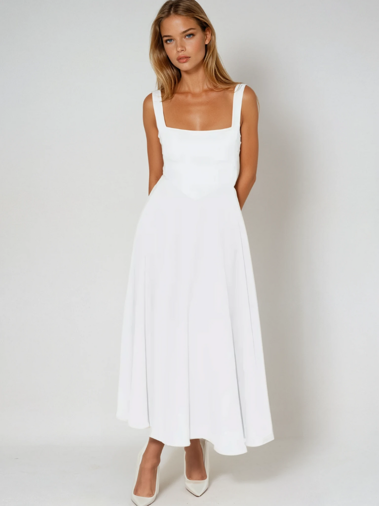 Blakely - Warm Square Neck White Midi Dress