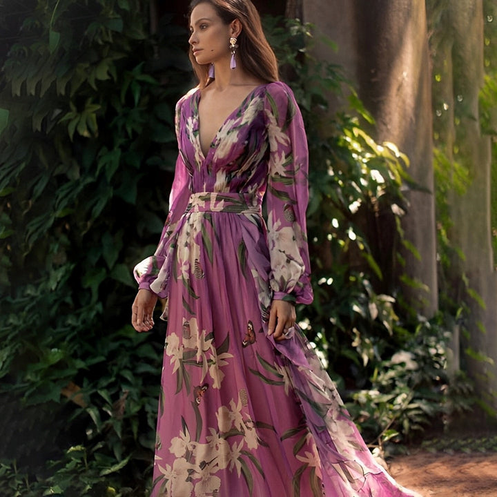 Kaitlynn - Elegant Warm V Neck Maxi Floral Dress
