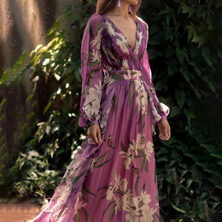 Kaitlynn - Elegant Warm V Neck Maxi Floral Dress
