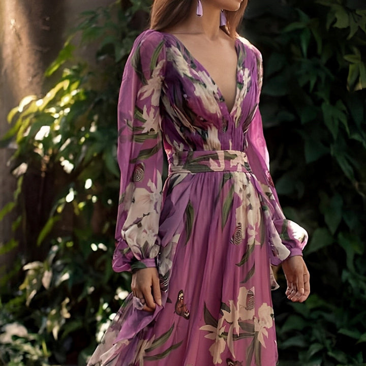 Kaitlynn - Elegant Warm V Neck Maxi Floral Dress