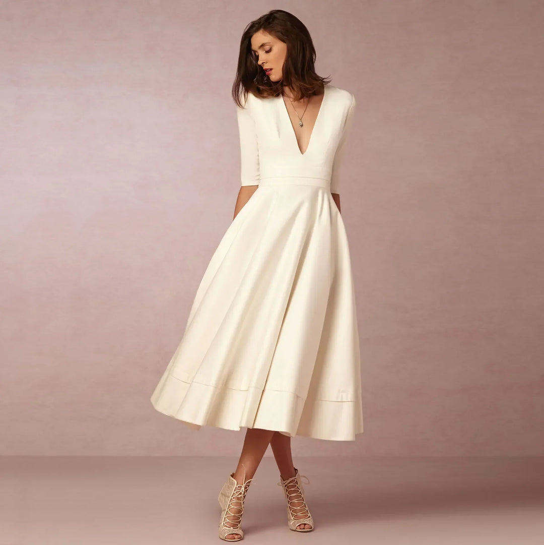 Cayla - Elegant Warm V Neck White Midi Dress