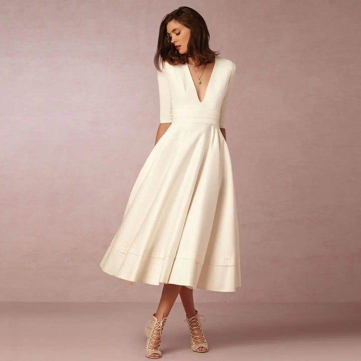 Cayla - Elegant Warm V Neck White Midi Dress