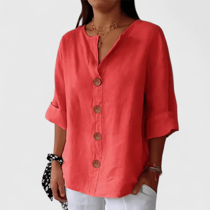 Selena - Stylish Warm V Neck Button Front Blouse