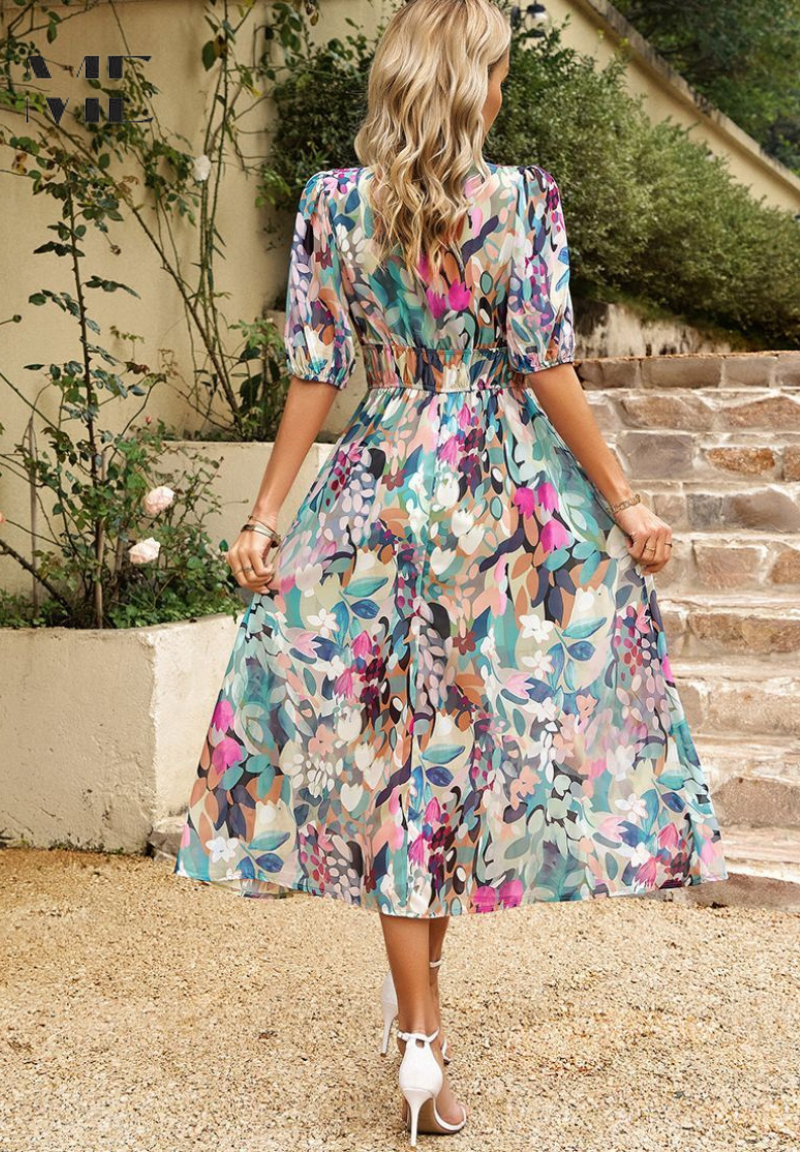 Laney - Breezy Floral V Neck Midi Dress