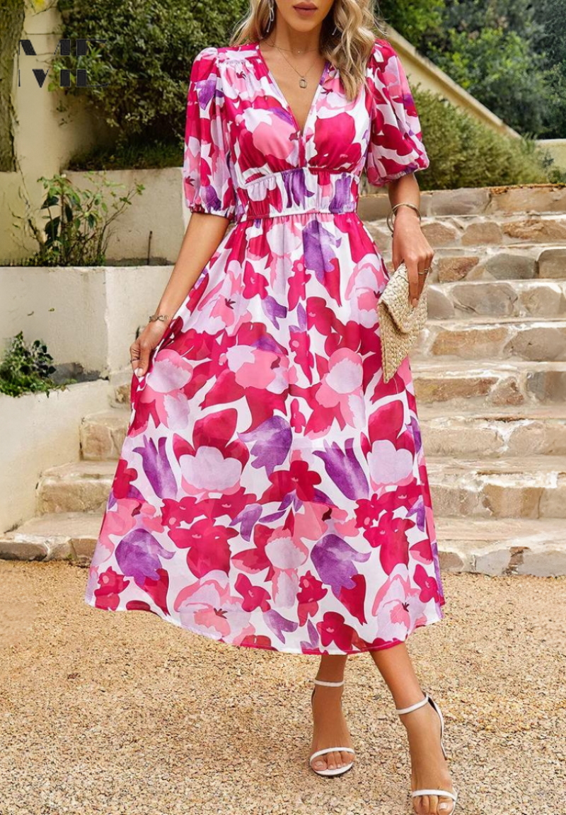 Laney - Breezy Floral V Neck Midi Dress