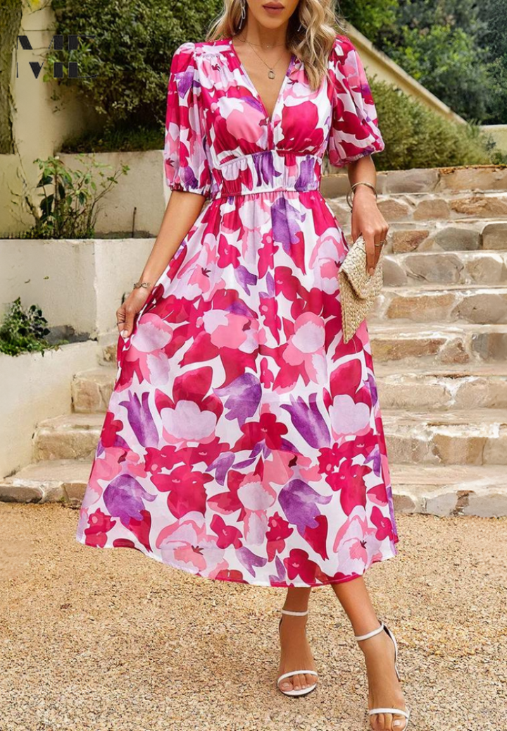 Laney - Breezy Floral V Neck Midi Dress