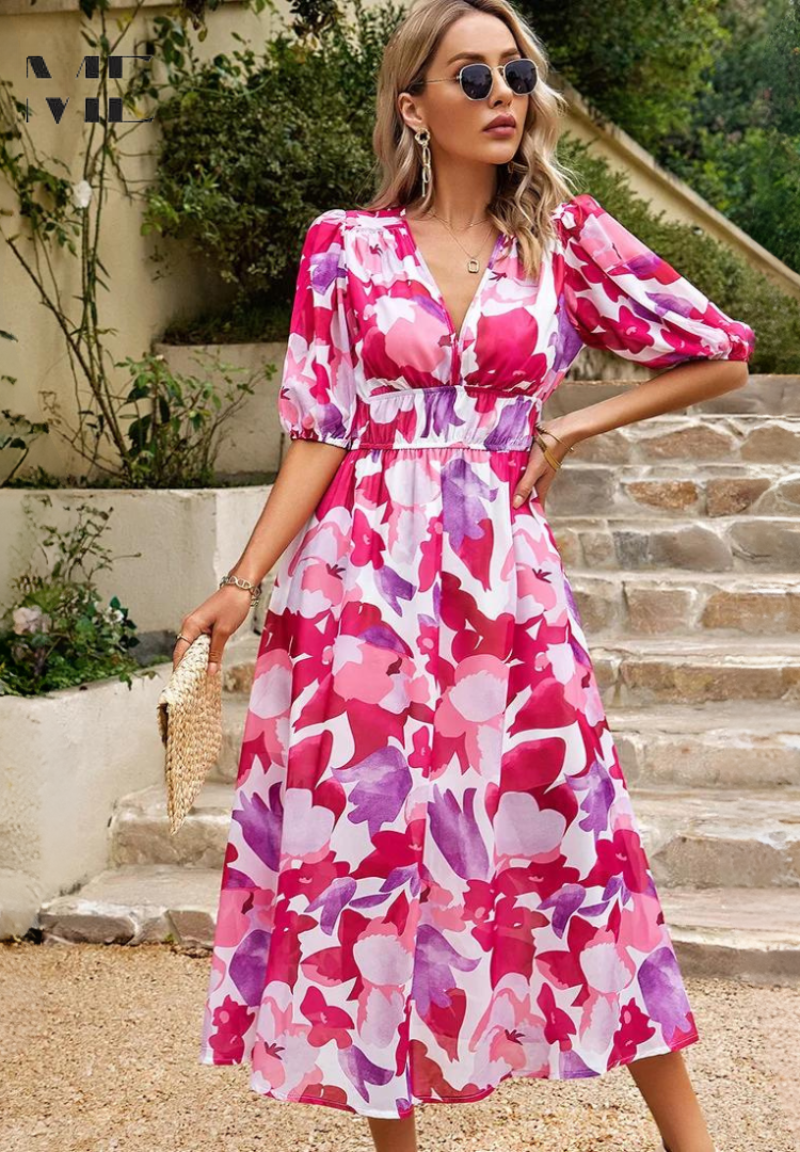 Laney - Breezy Floral V Neck Midi Dress