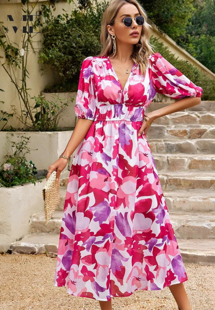 Laney - Breezy Floral V Neck Midi Dress