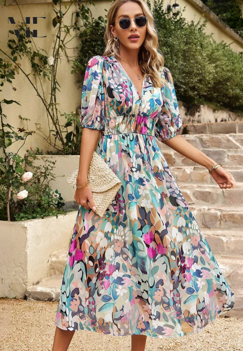 Laney - Breezy Floral V Neck Midi Dress