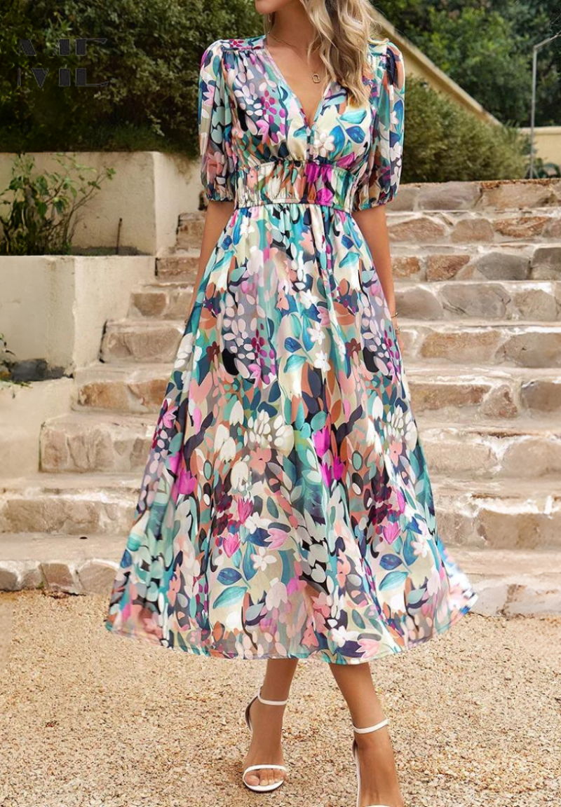 Laney - Breezy Floral V Neck Midi Dress
