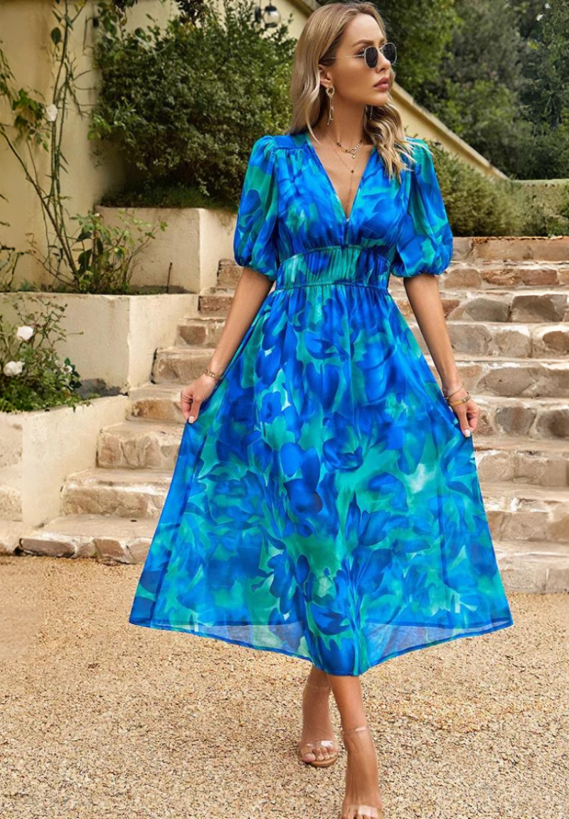 Laney - Breezy Floral V Neck Midi Dress
