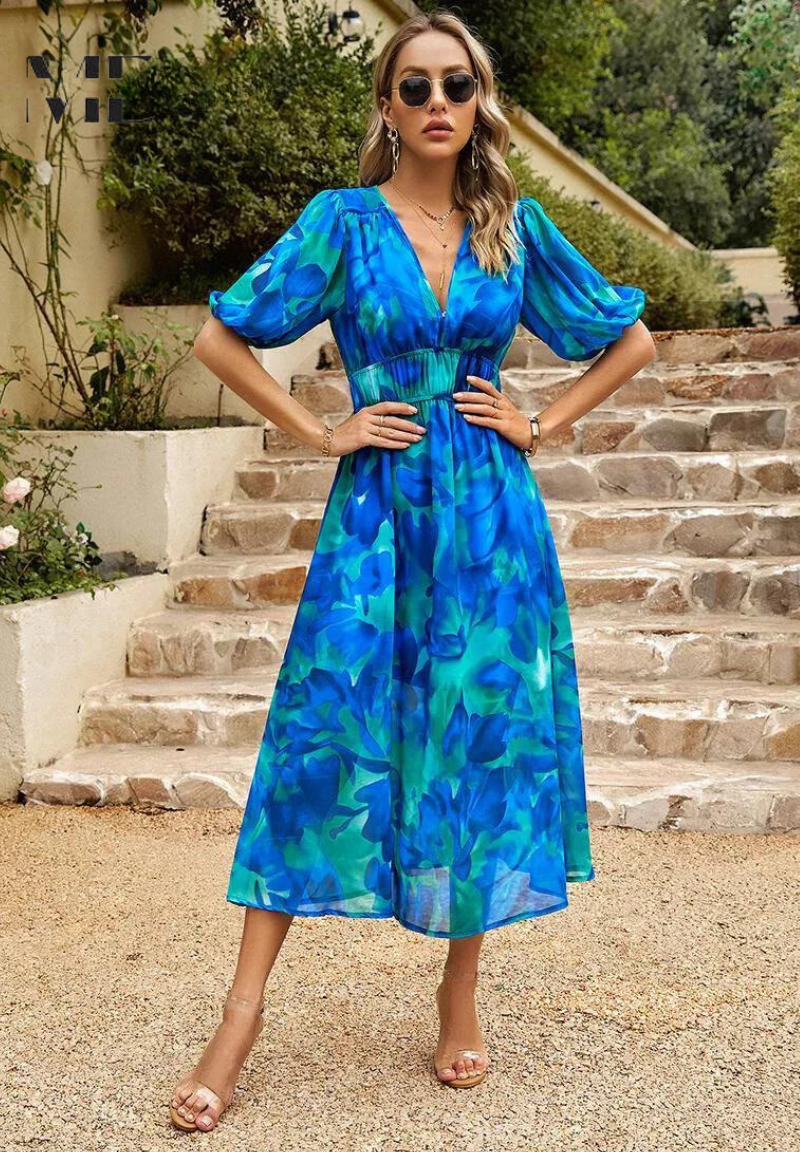 Laney - Breezy Floral V Neck Midi Dress