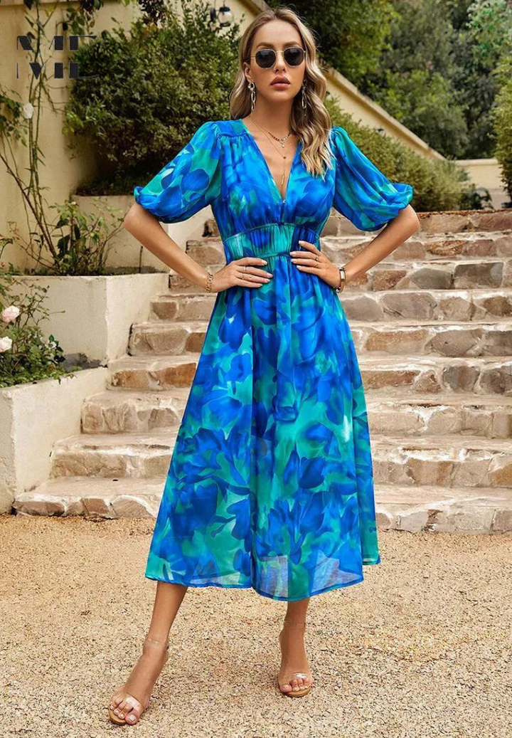 Laney - Breezy Floral V Neck Midi Dress