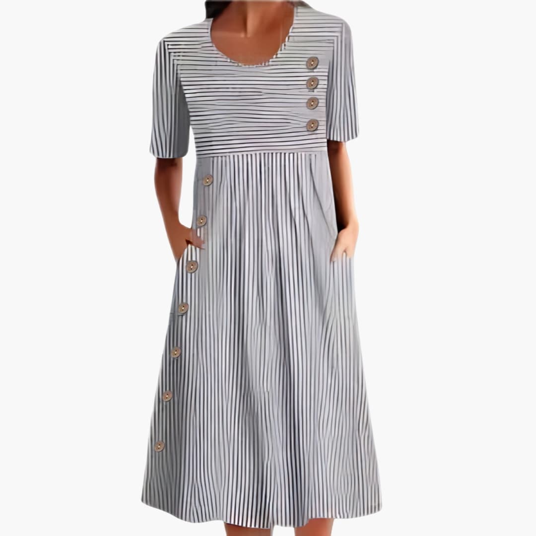 Bly - Striped Midi Dress Button Front 3/4 Sleeve Everyday Dress