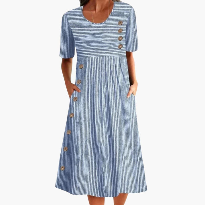 Bly - Striped Midi Dress Button Front 3/4 Sleeve Everyday Dress