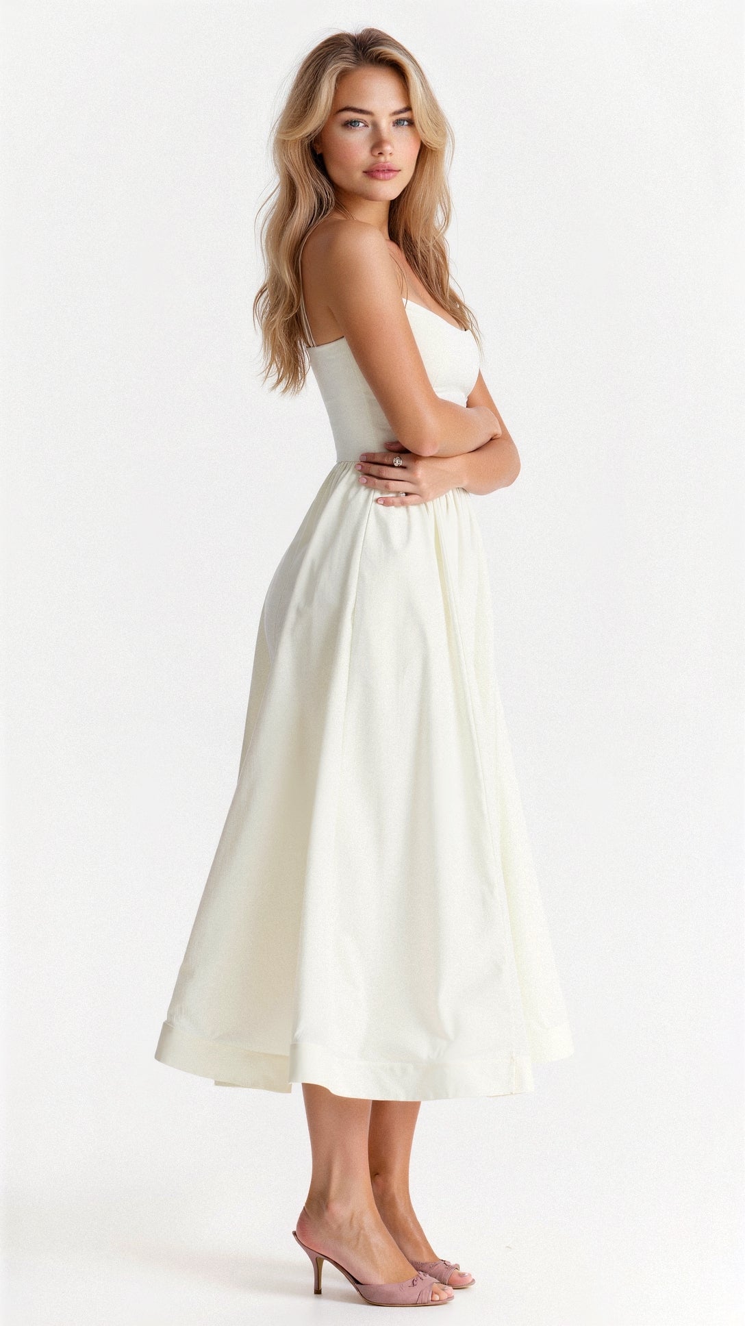 Charli - Warm Ascot Neck White Midi Dress