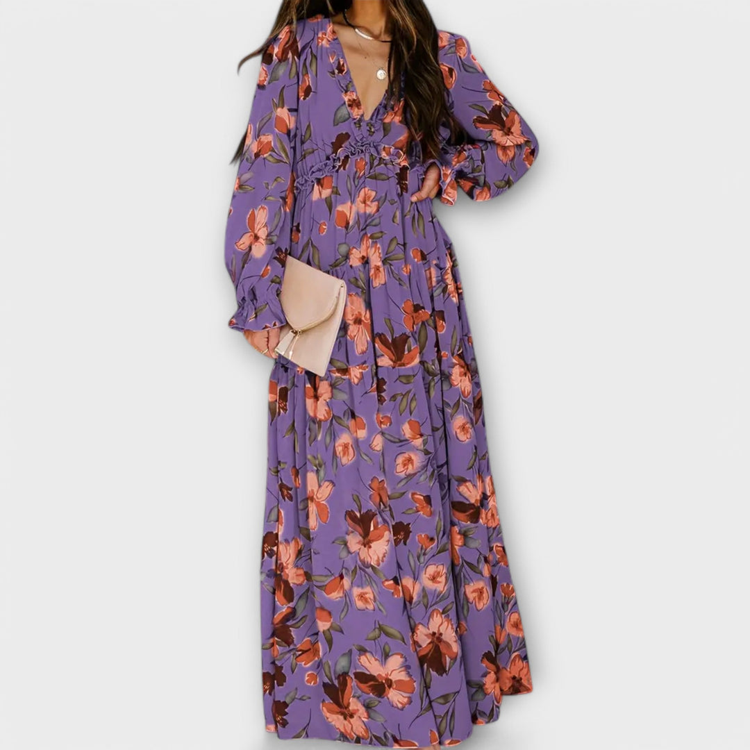 Zaria - V Neck Long Sleeve Maxi Floral Dress