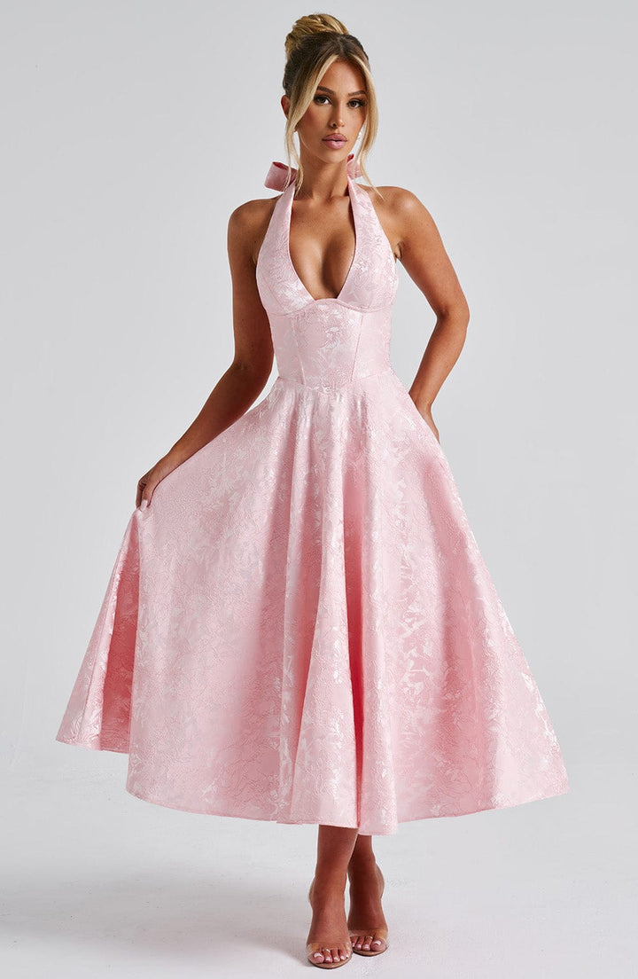 Kylee - Warm Stylish Halter Midi Wedding Guest Dress