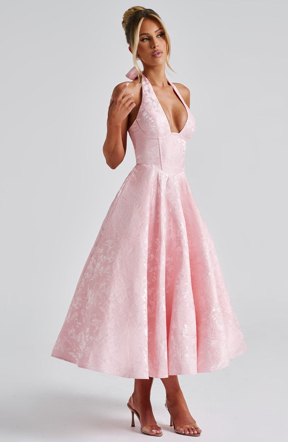 Kylee - Warm Stylish Halter Midi Wedding Guest Dress
