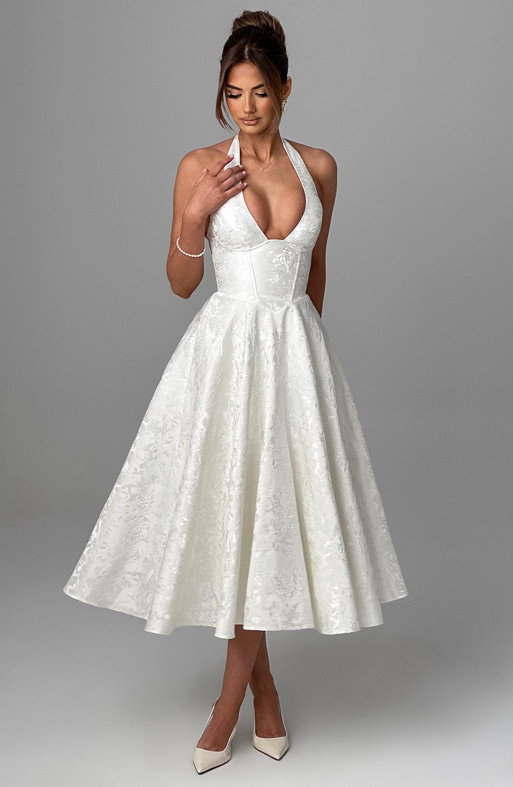 Kylee - Warm Stylish Halter Midi Wedding Guest Dress