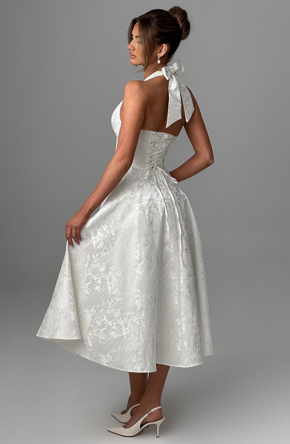 Kylee - Warm Stylish Halter Midi Wedding Guest Dress