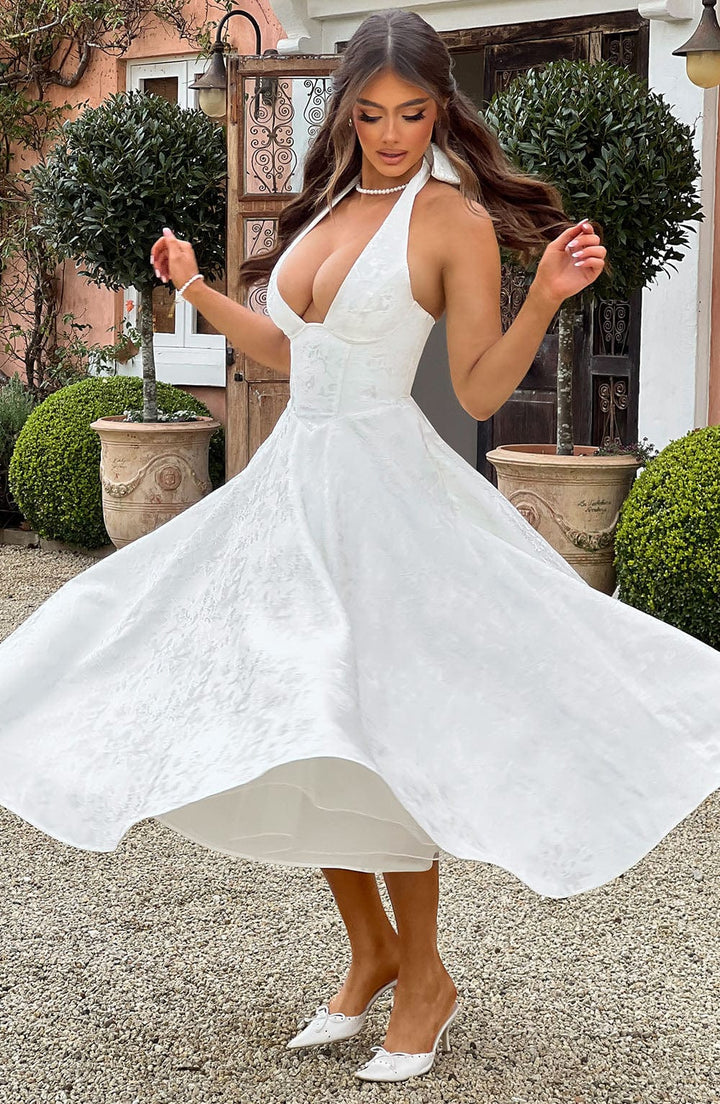 Kylee - Warm Stylish Halter Midi Wedding Guest Dress