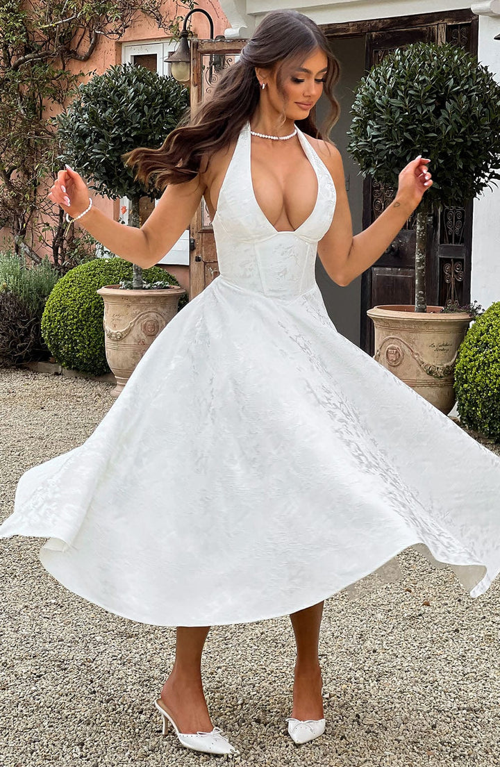 Kylee - Warm Stylish Halter Midi Wedding Guest Dress