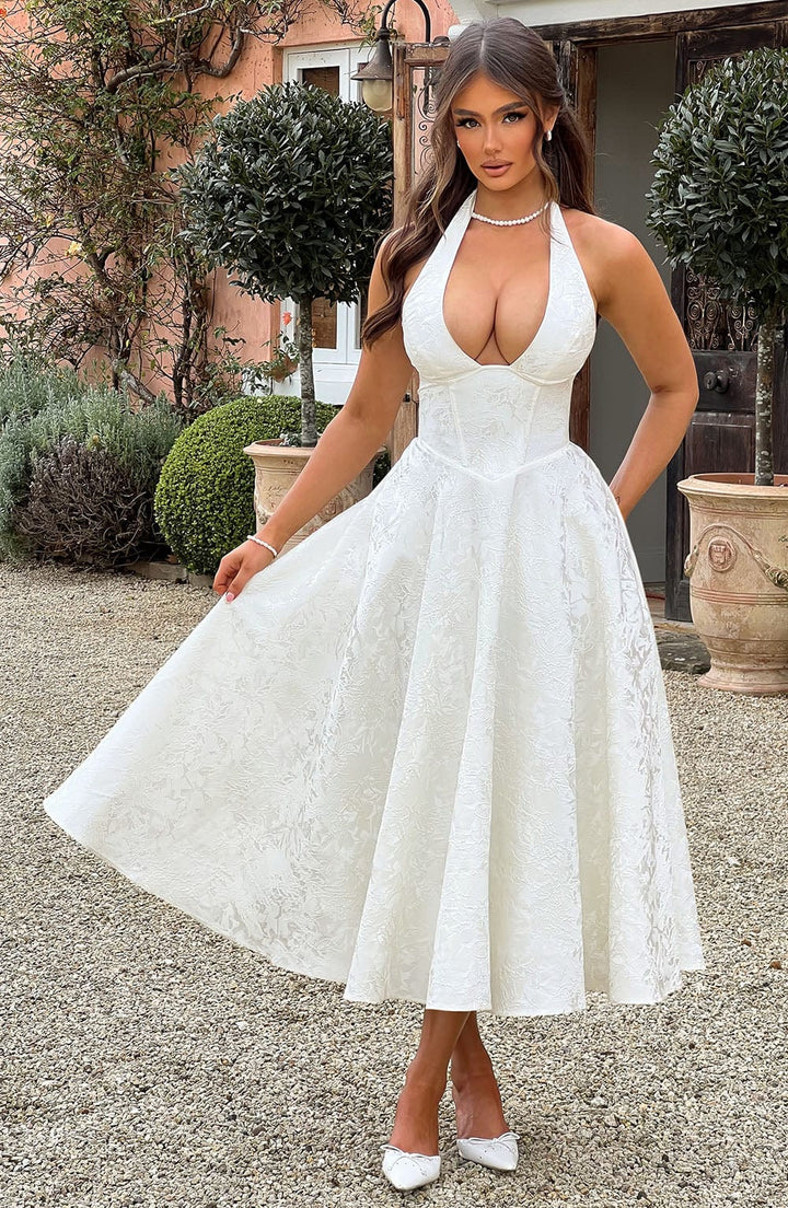 Kylee - Warm Stylish Halter Midi Wedding Guest Dress